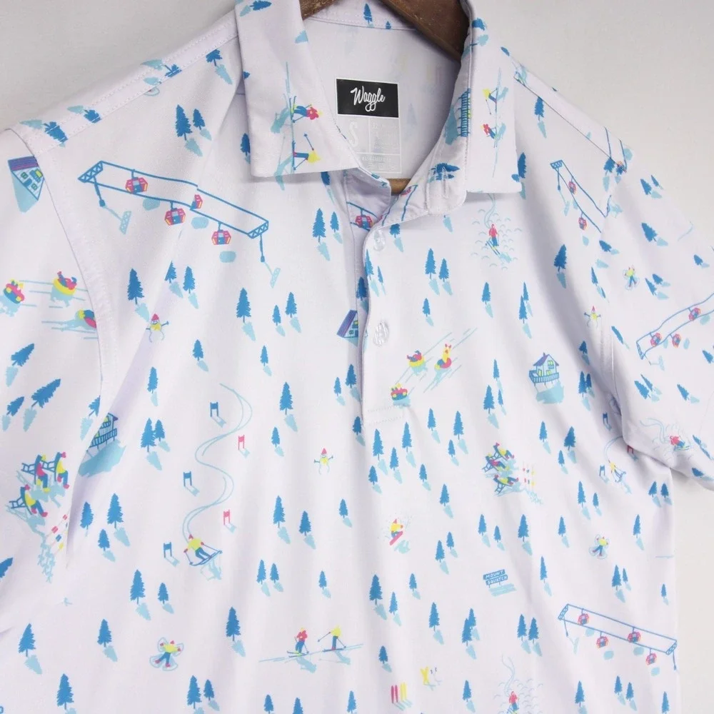 Waggle Downhill Polo Shirt Mens S White Ski Print Short Sleeve Performance Golf - Picture 3 of 6